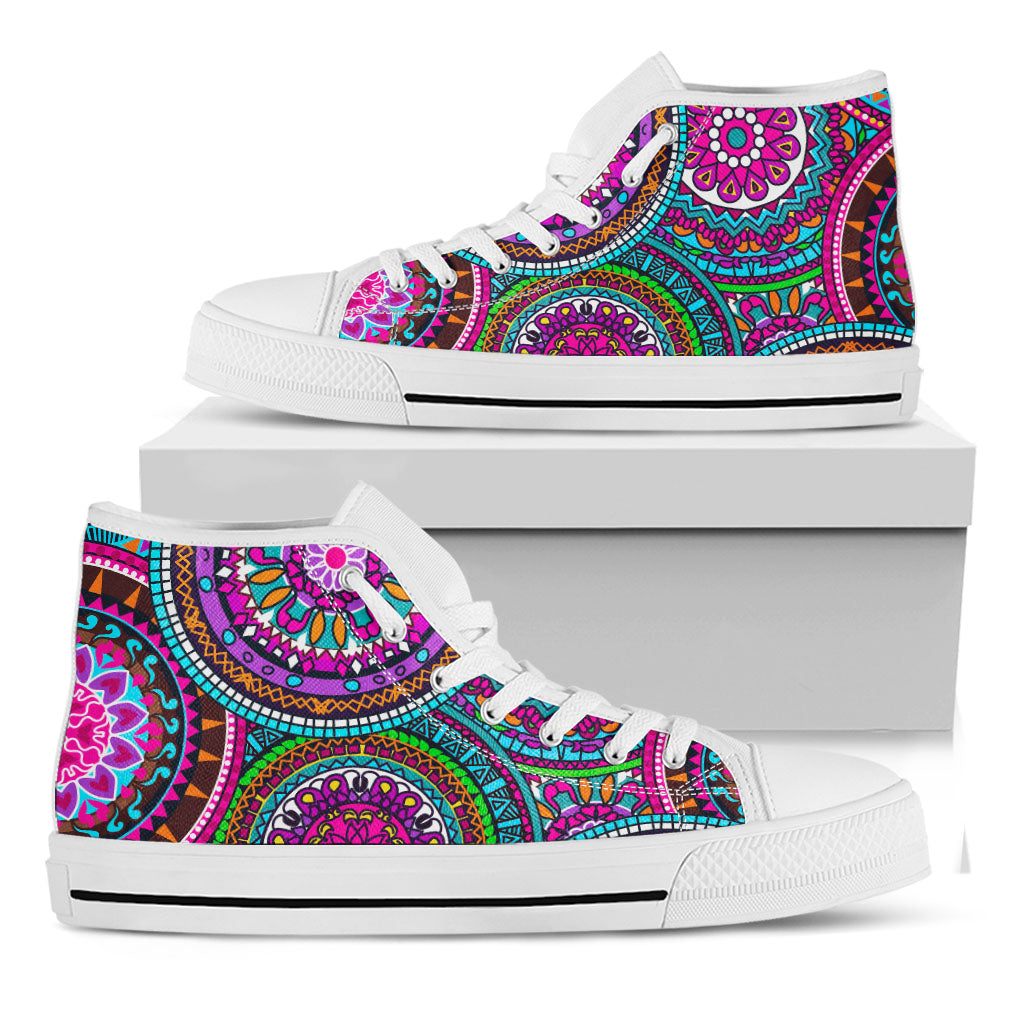 Purple Teal Circle Mandala Print White High Top Sneakers