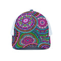 Purple Teal Circle Mandala Print White Mesh Trucker Hat