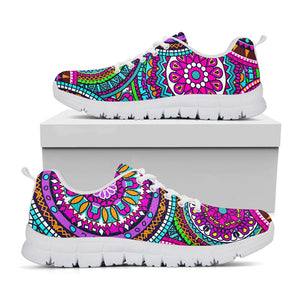 Purple Teal Circle Mandala Print White Running Shoes