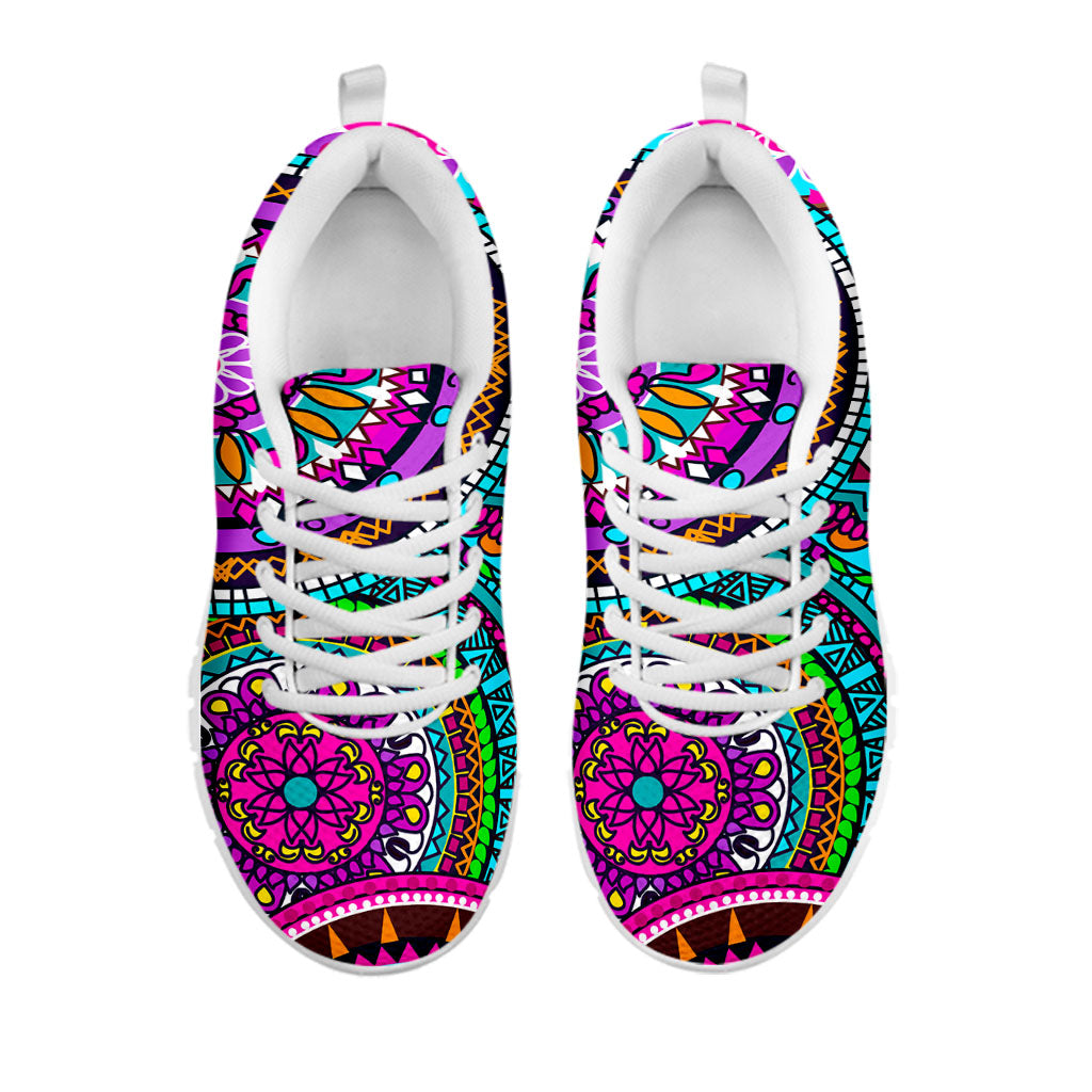 Purple Teal Circle Mandala Print White Running Shoes