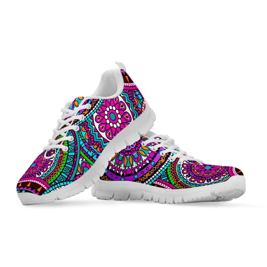 Purple Teal Circle Mandala Print White Running Shoes