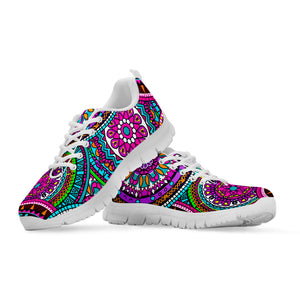 Purple Teal Circle Mandala Print White Running Shoes