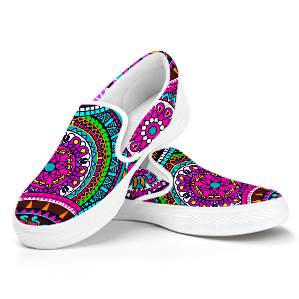 Purple Teal Circle Mandala Print White Slip On Sneakers