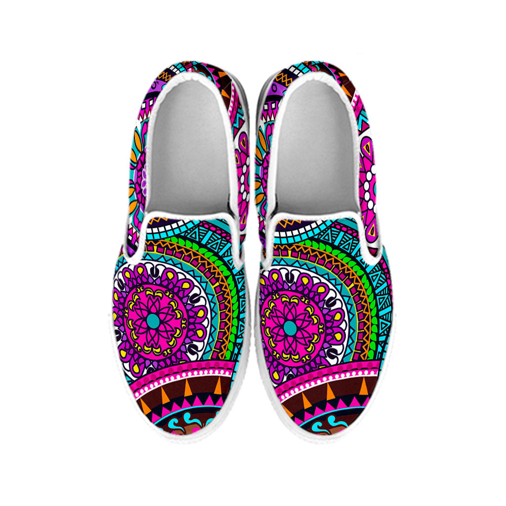 Purple Teal Circle Mandala Print White Slip On Sneakers