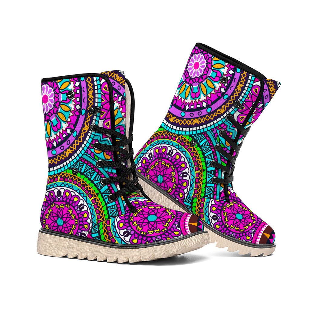 Purple Teal Circle Mandala Print Winter Boots