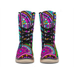 Purple Teal Circle Mandala Print Winter Boots