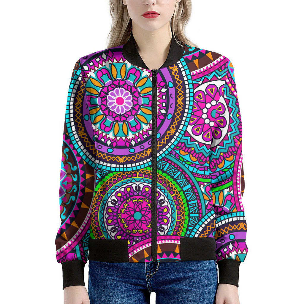 Purple Teal Circle Mandala Print Women's Bomber Jacket