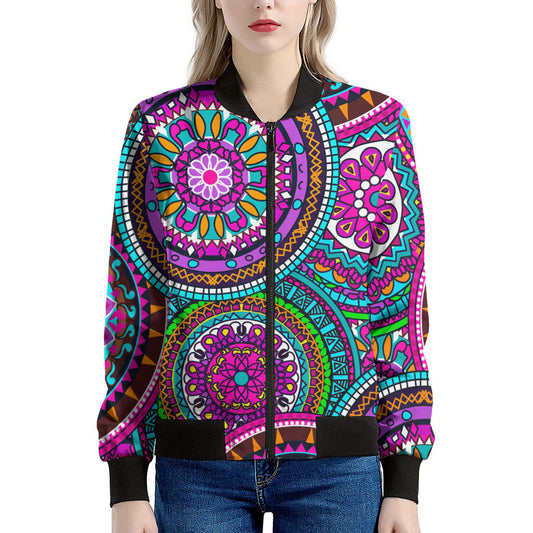 Purple Teal Circle Mandala Print Women's Bomber Jacket