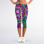 Purple Teal Circle Mandala Print Women's Capri Leggings
