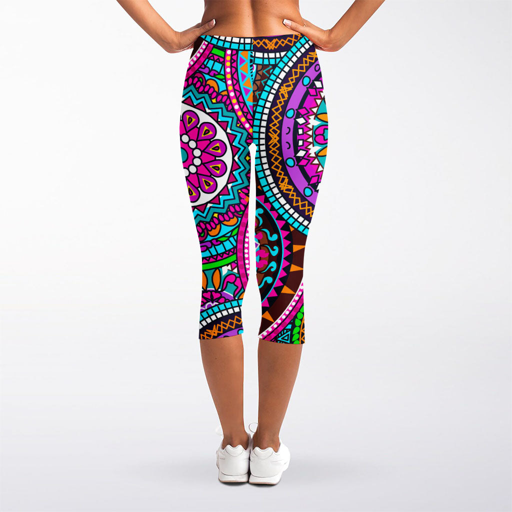 Purple Teal Circle Mandala Print Women's Capri Leggings