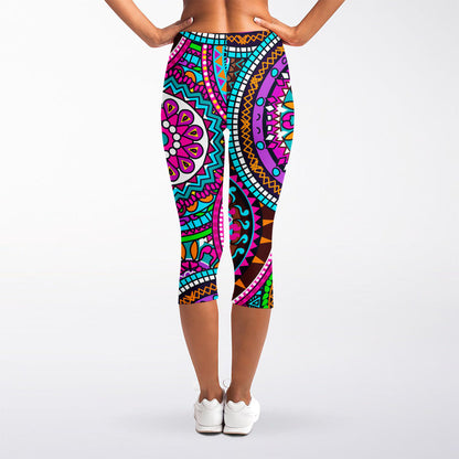 Purple Teal Circle Mandala Print Women's Capri Leggings