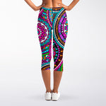 Purple Teal Circle Mandala Print Women's Capri Leggings