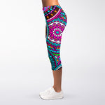 Purple Teal Circle Mandala Print Women's Capri Leggings