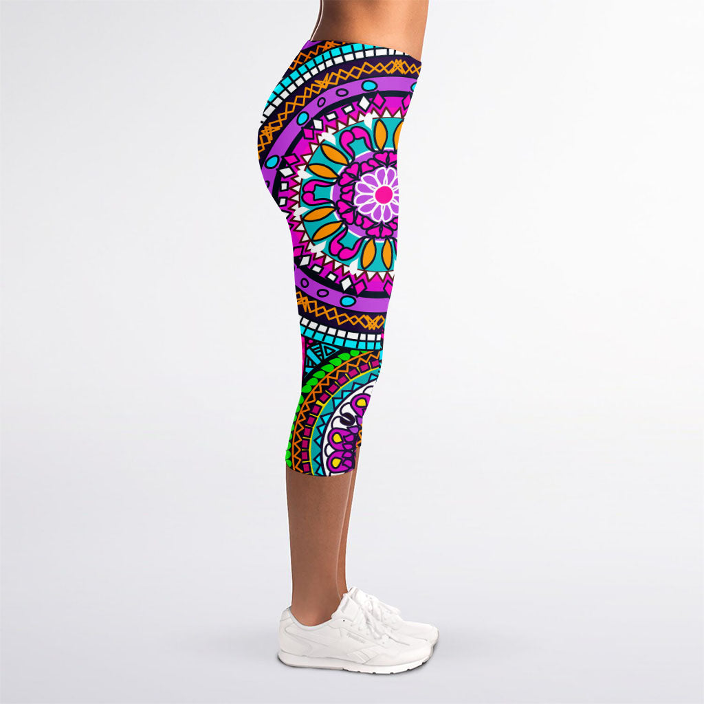 Purple Teal Circle Mandala Print Women's Capri Leggings