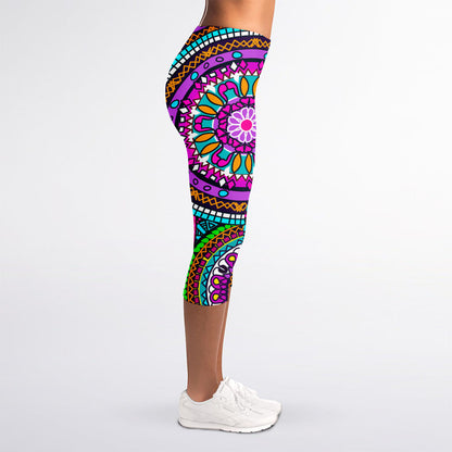 Purple Teal Circle Mandala Print Women's Capri Leggings