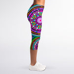 Purple Teal Circle Mandala Print Women's Capri Leggings