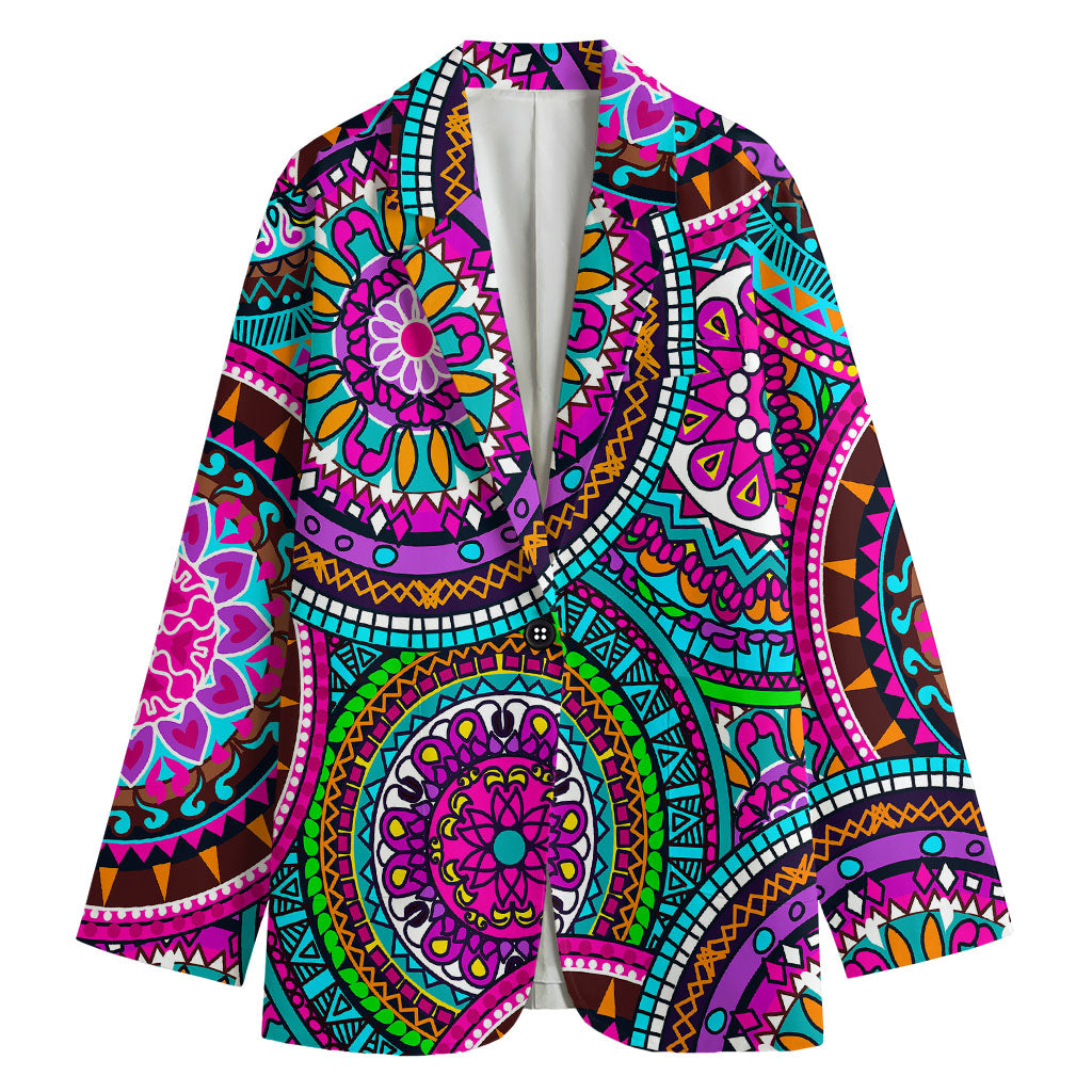 Purple Teal Circle Mandala Print Women's Cotton Blazer