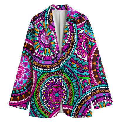 Purple Teal Circle Mandala Print Women's Cotton Blazer