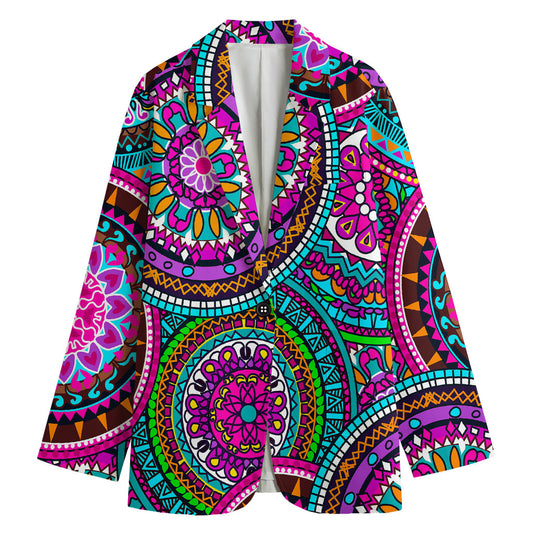 Purple Teal Circle Mandala Print Women's Cotton Blazer