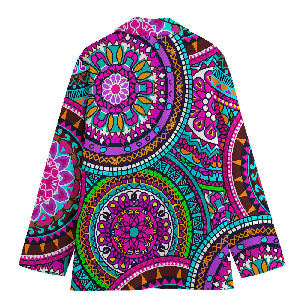 Purple Teal Circle Mandala Print Women's Cotton Blazer