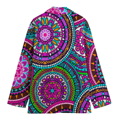 Purple Teal Circle Mandala Print Women's Cotton Blazer