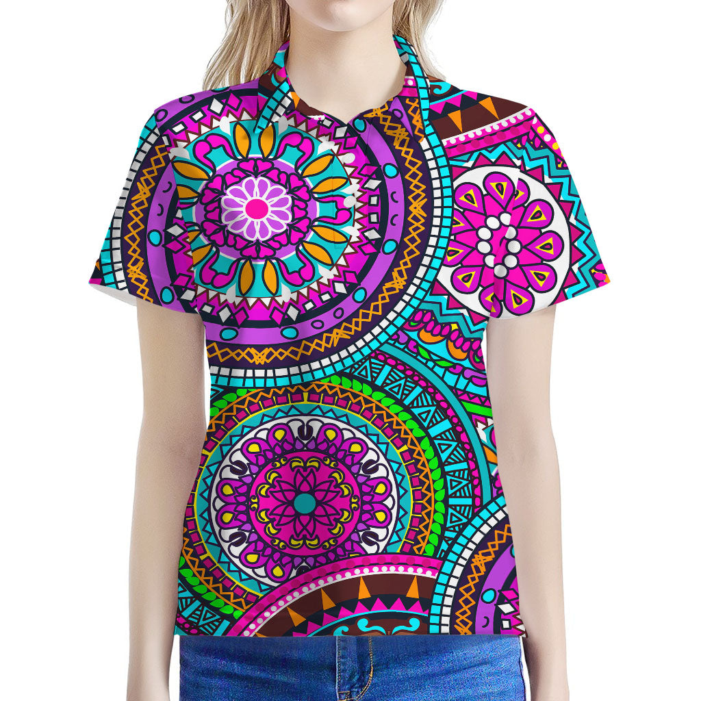 Purple Teal Circle Mandala Print Women's Polo Shirt