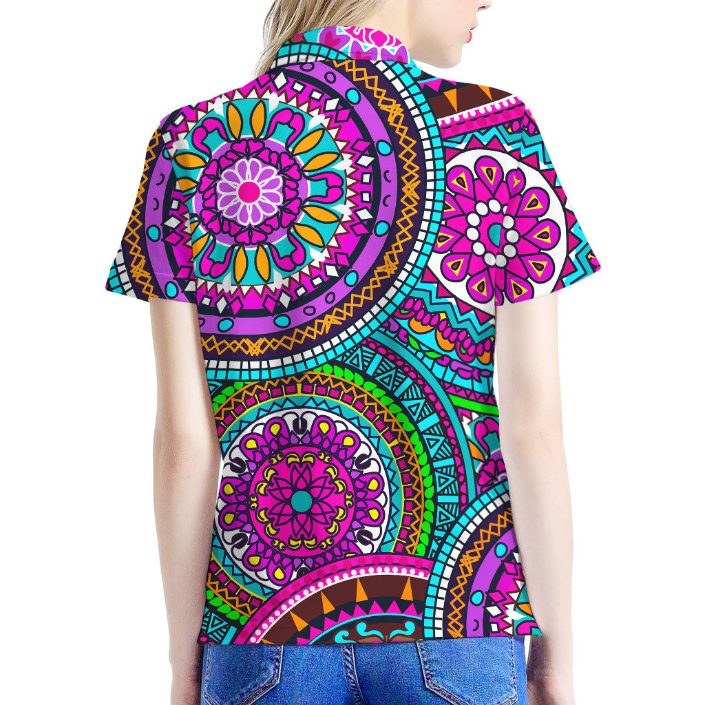 Purple Teal Circle Mandala Print Women's Polo Shirt