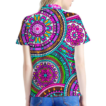 Purple Teal Circle Mandala Print Women's Polo Shirt