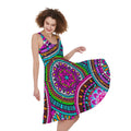 Purple Teal Circle Mandala Print Sleeveless Knee Length Dress