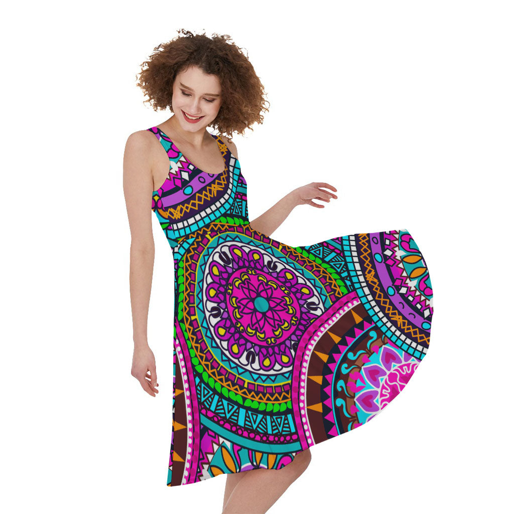 Purple Teal Circle Mandala Print Women's Sleeveless Dress
