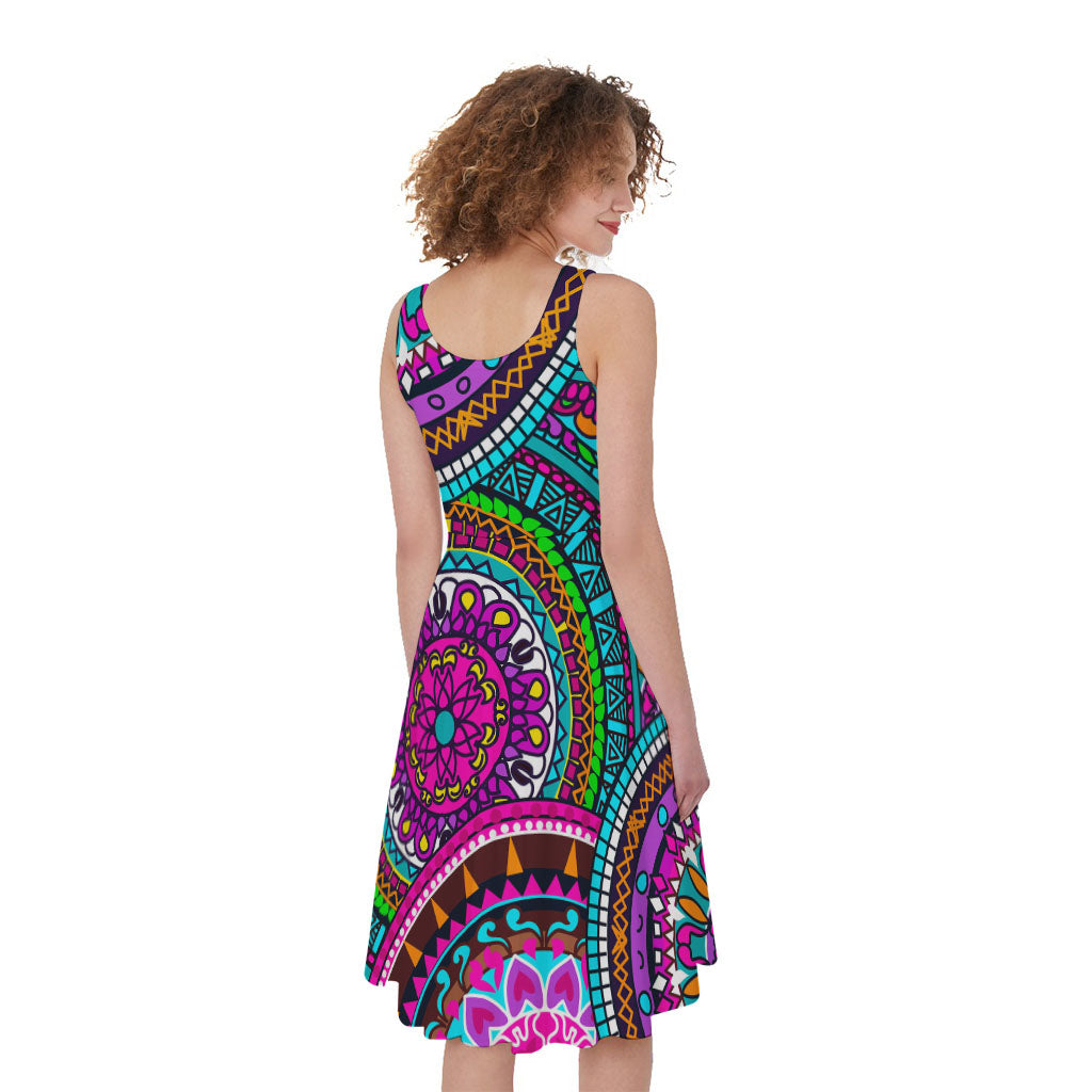 Purple Teal Circle Mandala Print Women's Sleeveless Dress