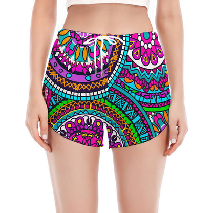 Purple Teal Circle Mandala Print Women's Split Running Shorts