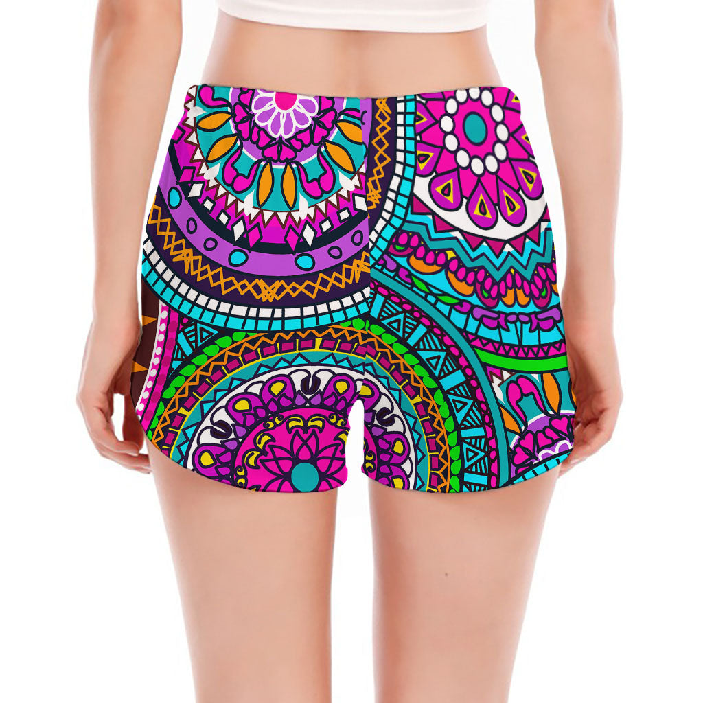 Purple Teal Circle Mandala Print Women's Split Running Shorts