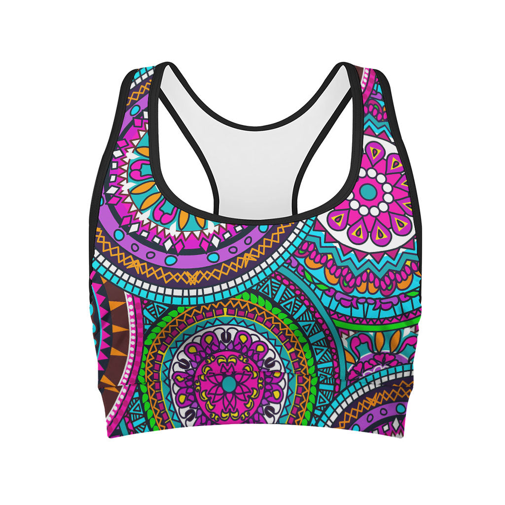 Purple Teal Circle Mandala Print Women's Sports Bra