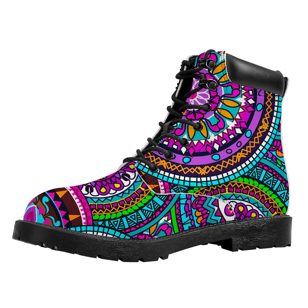 Purple Teal Circle Mandala Print Work Boots