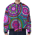 Purple Teal Circle Mandala Print Zip Sleeve Bomber Jacket