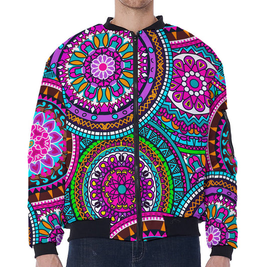 Purple Teal Circle Mandala Print Zip Sleeve Bomber Jacket