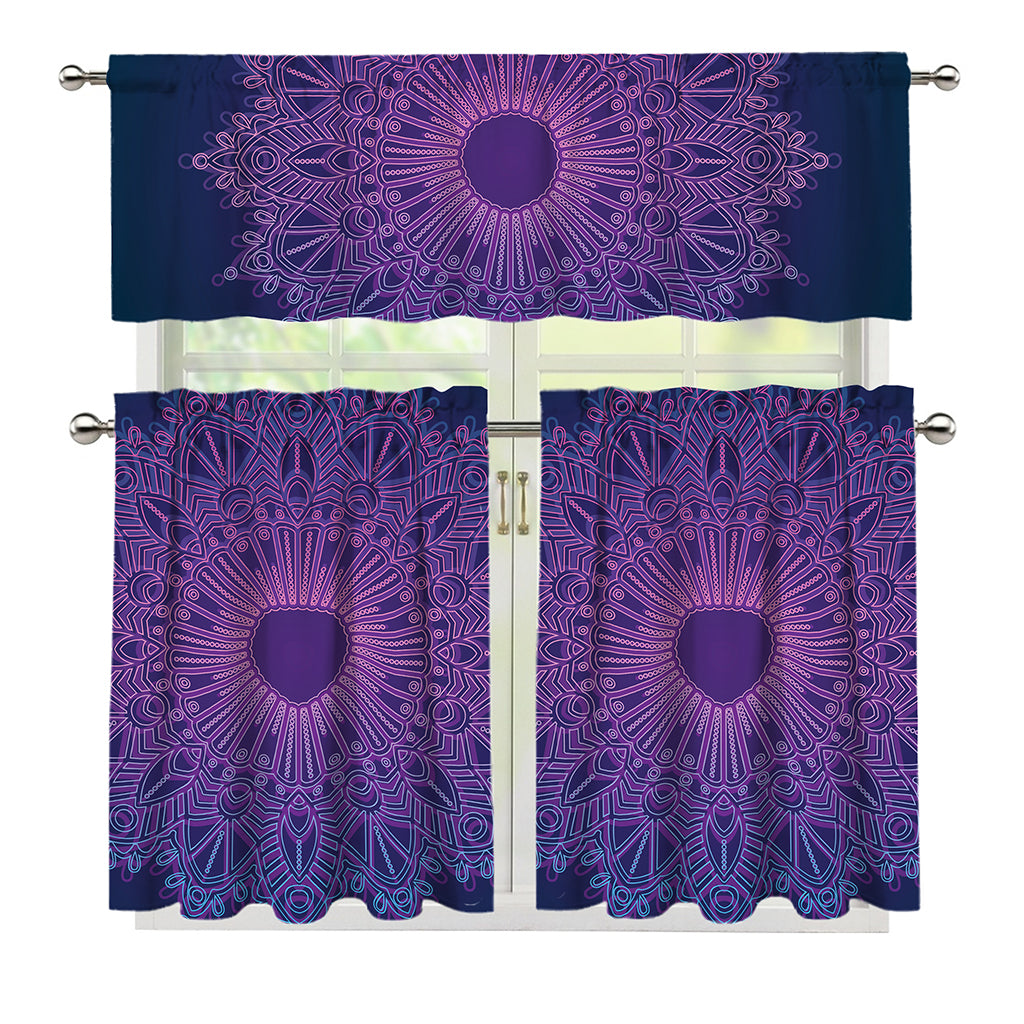 Purple Trippy Mandala Print 3 Piece Kitchen Curtains