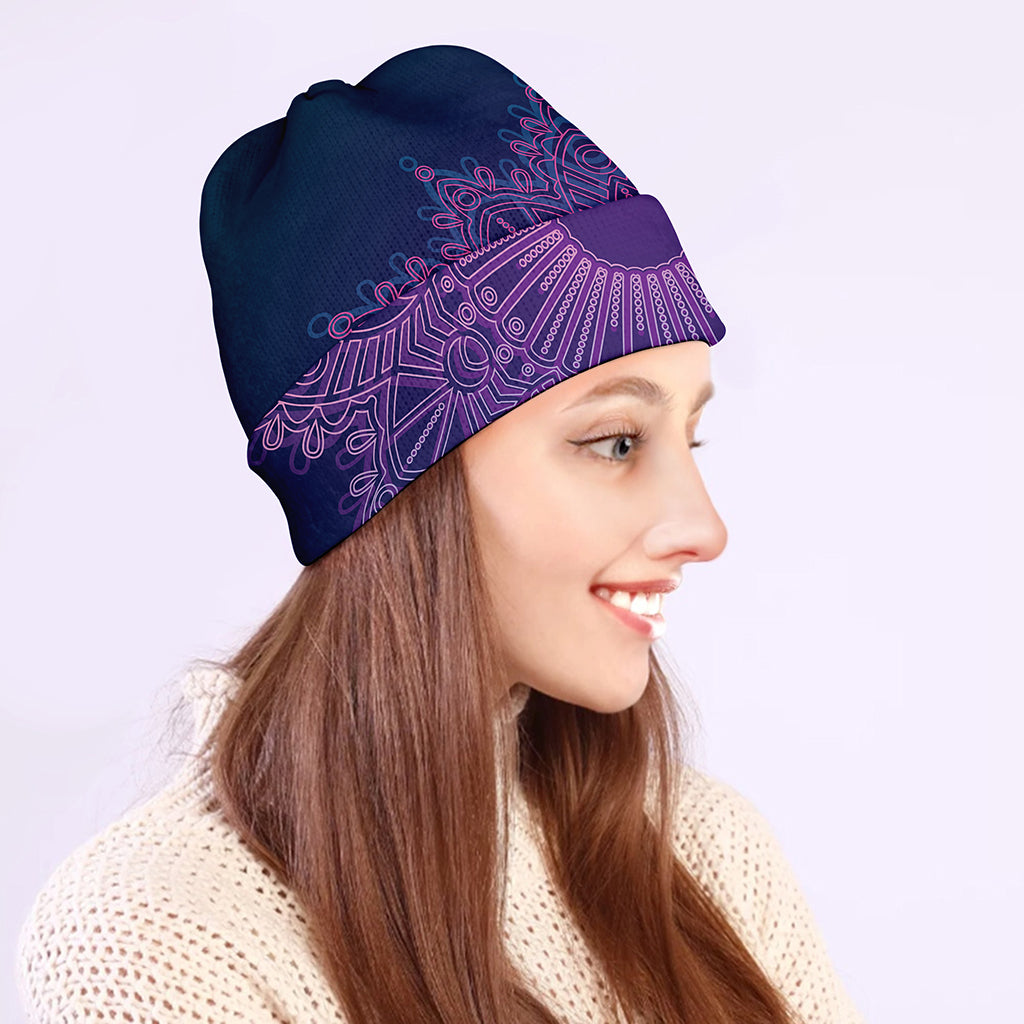 Purple Trippy Mandala Print Beanie