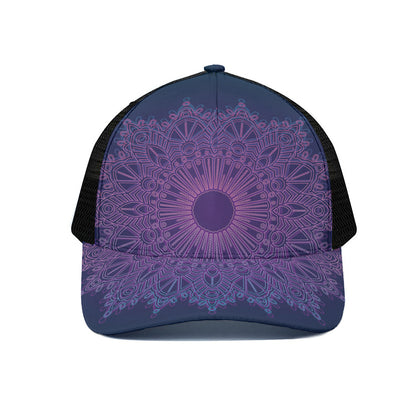 Purple Trippy Mandala Print Black Mesh Trucker Cap
