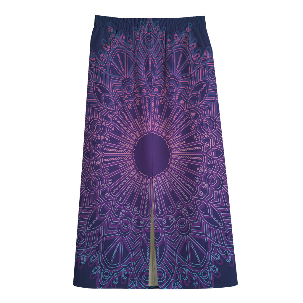 Purple Trippy Mandala Print Cotton Front Slit Maxi Skirt