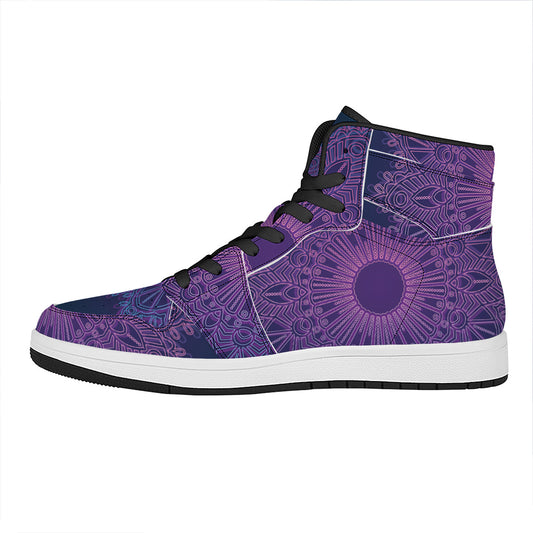 Purple Trippy Mandala Print High Top Leather Sneakers