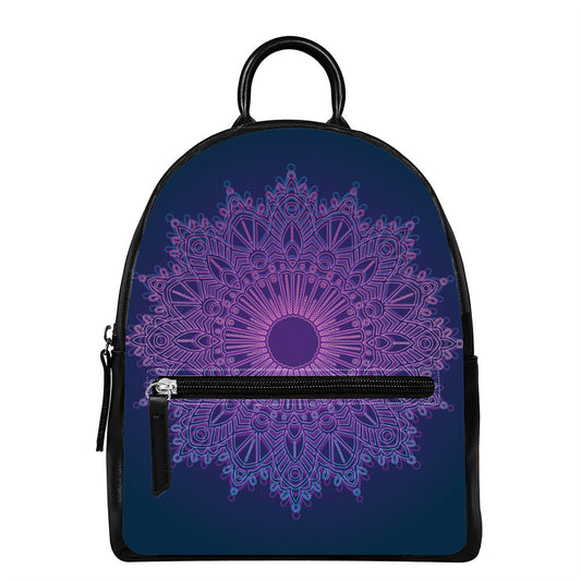 Purple Trippy Mandala Print Leather Backpack