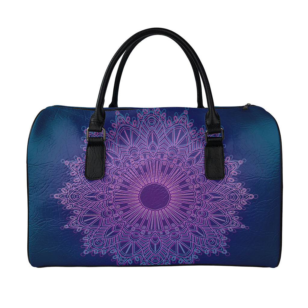 Purple Trippy Mandala Print Leather Duffle Bag