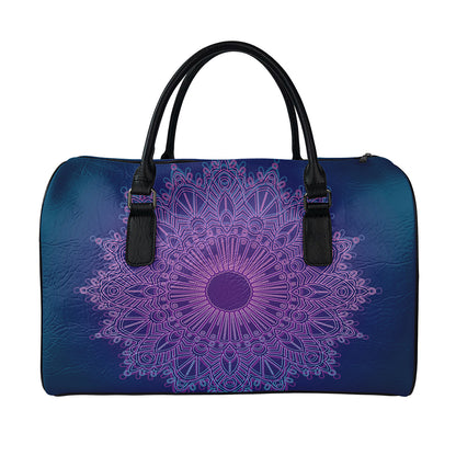Purple Trippy Mandala Print Leather Duffle Bag