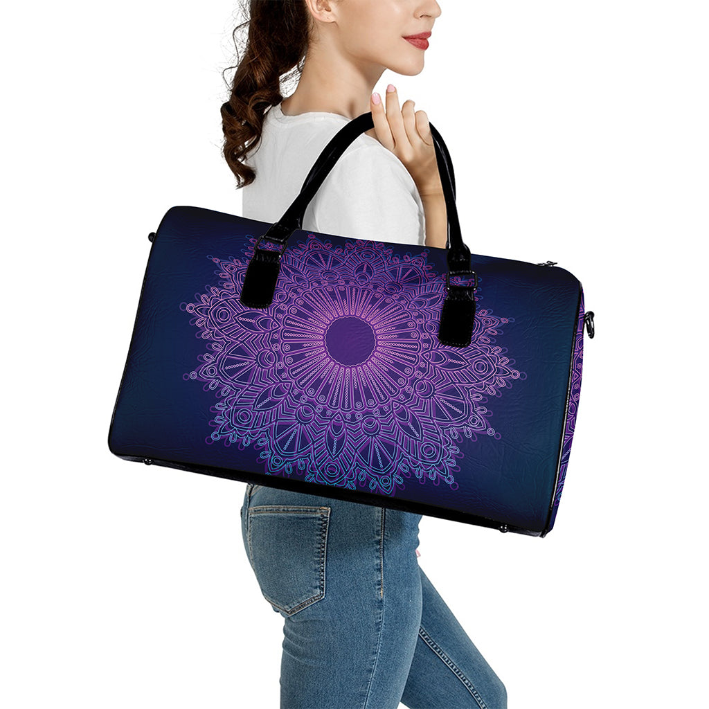 Purple Trippy Mandala Print Leather Duffle Bag