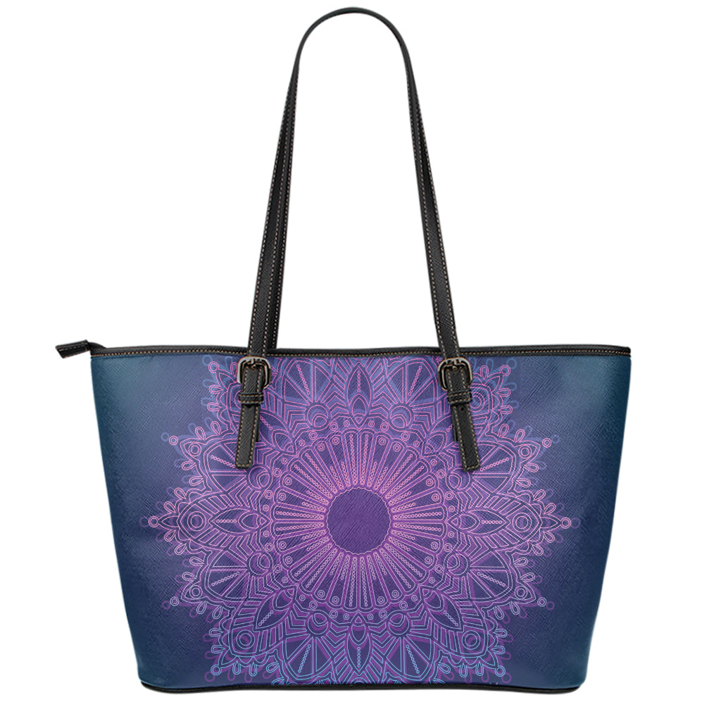 Purple Trippy Mandala Print Leather Tote Bag