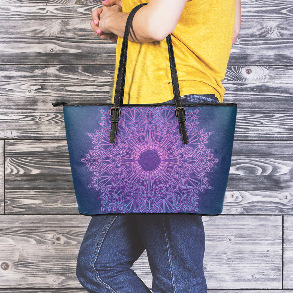 Purple Trippy Mandala Print Leather Tote Bag