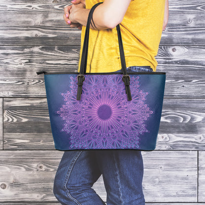 Purple Trippy Mandala Print Leather Tote Bag