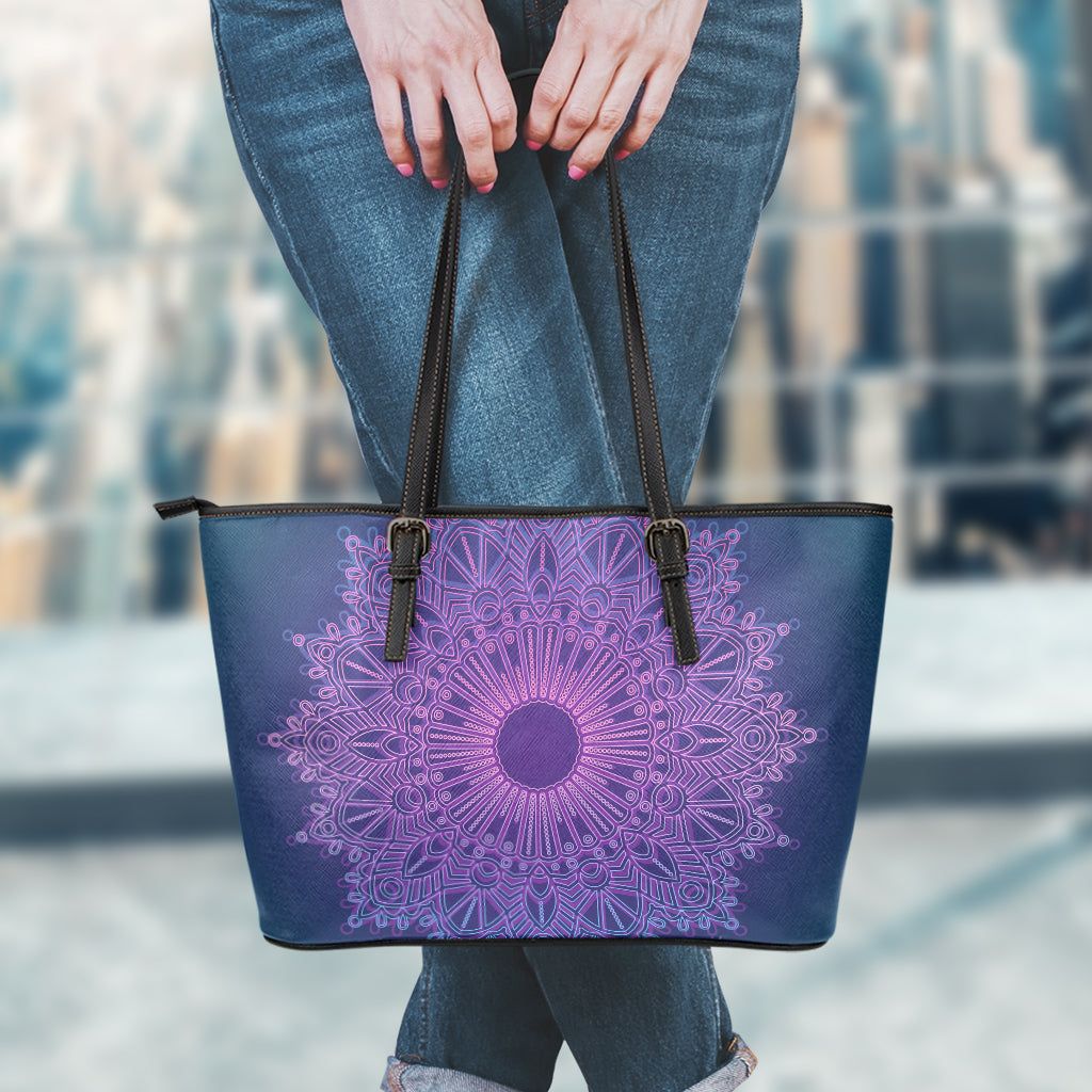 Purple Trippy Mandala Print Leather Tote Bag